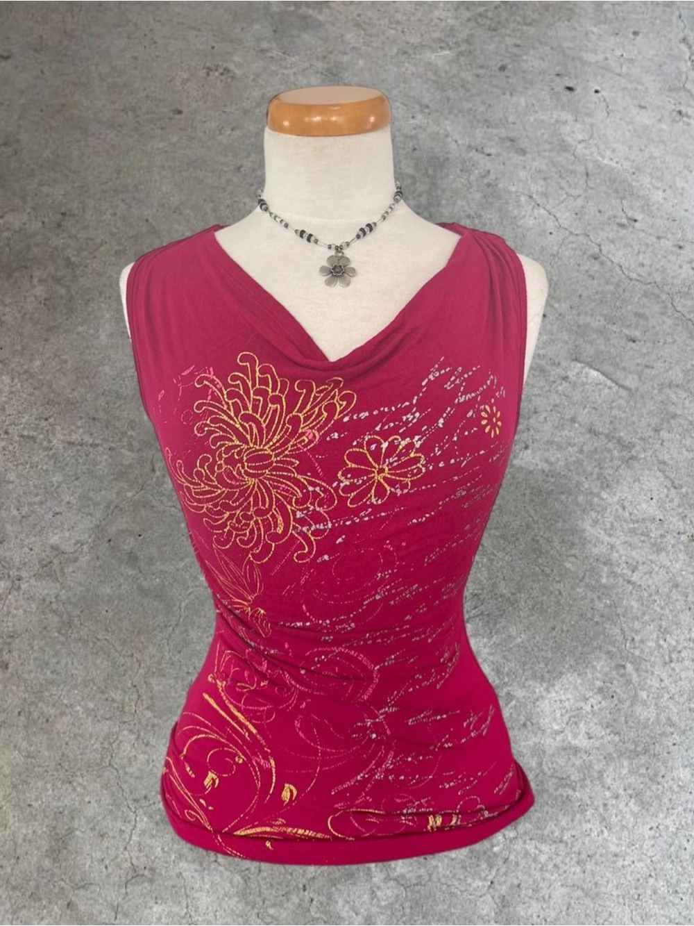 Women's Magenta Floral Cowl Neck Tank with Gold Print